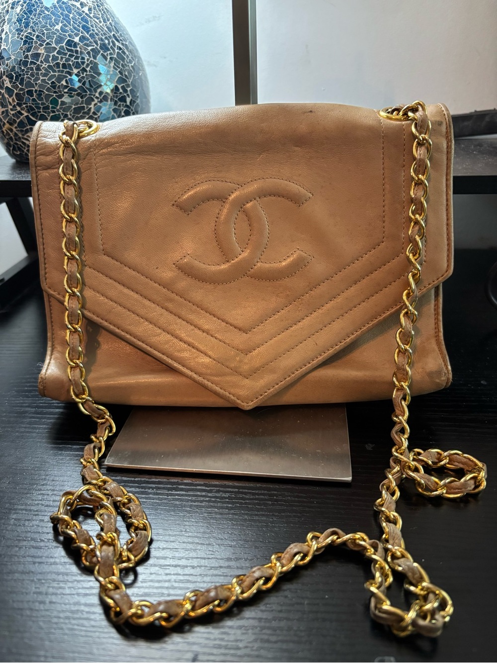 Rare Authentic Vintage Chanel Beige Lambskin V-Stitch CC Flap Bag- 24K GHW